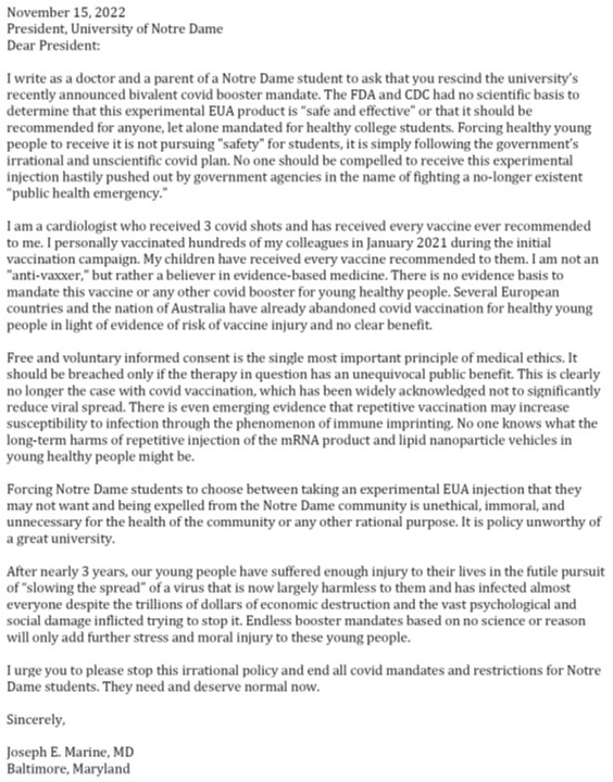 DrJMarine's tweet photo. @mfmyler My letter to @NotreDame admin asking that they rescind the new booster mandate. I hope that other ND parents and alumni who feel similarly will make their voices heard. https://t.co/T3r0OAqRN8