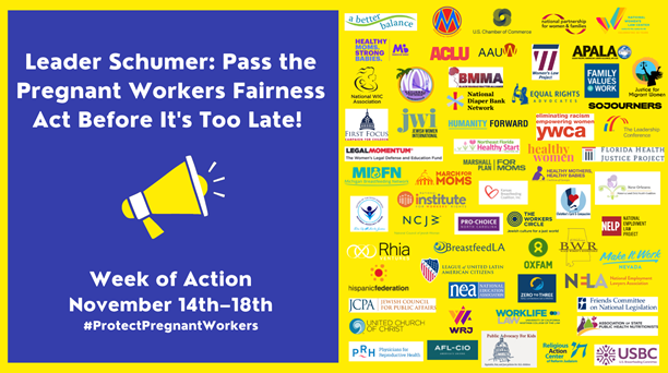 MarchofDimes's tweet photo. The time to act is now, before it is too late. Read the letter from 100+ organizations calling on @SenSchumer to #ProtectPregnantWorkers nationwide by bringing the Pregnant Workers Fairness Act to a vote ASAP. https://t.co/xtiU6fUv8w https://t.co/dNflUVGVbK