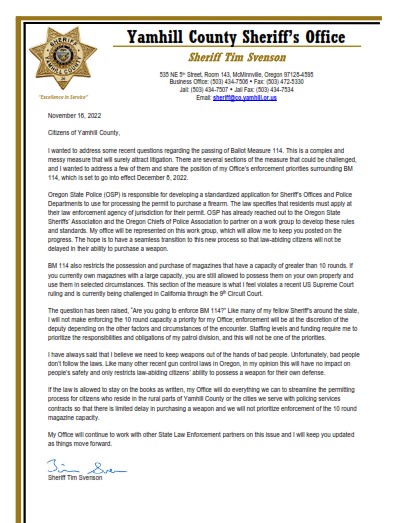 Here is a statement from Sheriff Svenson regarding Ballot Measure 114.