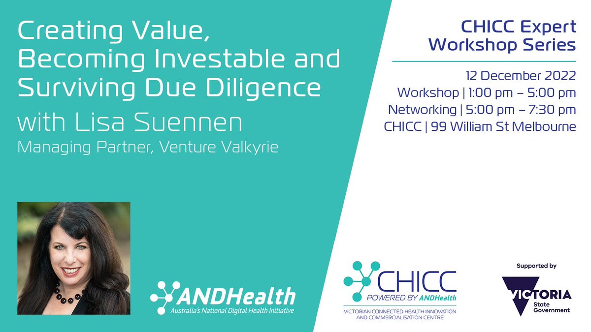 ANDHealthAU's tweet photo. Learn from one of the best in the business in the first of the ANDHealth Victorian #CHICC Expert Workshop Series.
Creating Value, Becoming Investable & Surviving Due Diligence Workshop with Lisa Suennen (@VentureValkyrie).
Submit EOI: https://t.co/15bvRgmeHE https://t.co/OiulzY4xvP