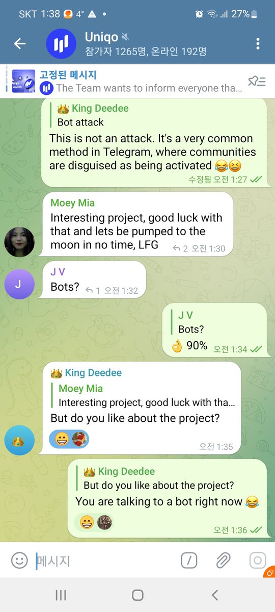 dodamdona's tweet photo. @UniqoFinance @TitanoFinance @SwychFinance Scam inside scam. There are no people in Uniqo's chat rooms, only bots lol https://t.co/cVkl6QfVuA