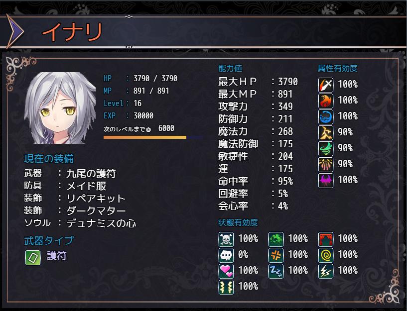 lalu_sphin's tweet photo. ステと装備がこちら。
HPと耐性の為のデュナミス。
TPチャージの為のスク水(白)、イナリの為のメイド服。
溜めたTPからのアビスブック、リペアキット、ミアの猛り猫。
火力低下の為のアタックブレイク、グリモアのカース、オルゴールのメロディ。
そして耐久面確保用のダークマター　#Abyss_Crossing https://t.co/eydoVKe5tR