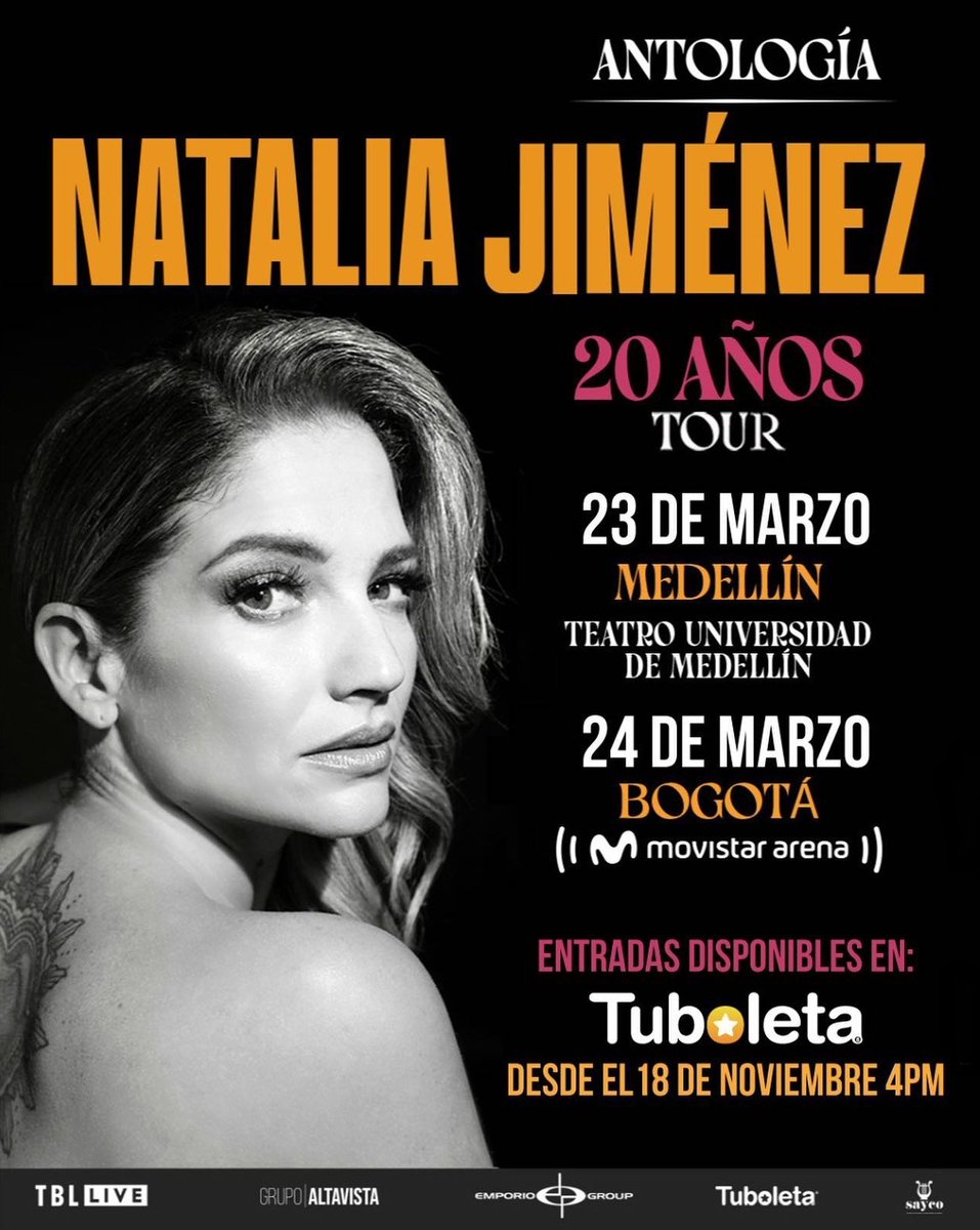 Nuestra Natalia Jimenez regresa a Colombia con su #Antologia20AñosTour en el 2023 🎶

Medellín: 23 Marzo <a href="/teatroudem/">Teatro UdeM</a>
Bogotá: 24 Marzo <a href="/MovistarCo/">Movistar Colombia</a> 

Compra tus boletas a partir del 18 de noviembre en @TuBoletaNews 👉🏻 cutt.ly/pMYRb8r