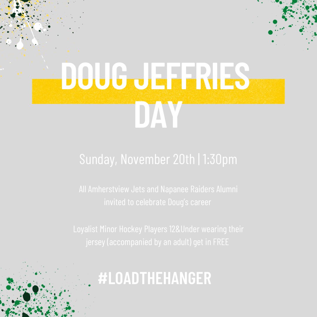 This Sunday, we’re celebrating Doug Jefferies on his 46 years of sports broadcasting in the Lennox and Addington community. Doug has covered both the Jets and Raiders extensively throughout his career. 

🗓Sunday, November 20

⏰1:30pm

🏟WJ Henderson Arena

🆚 <a href="/NapaneeRaiders/">Napanee Raiders</a>