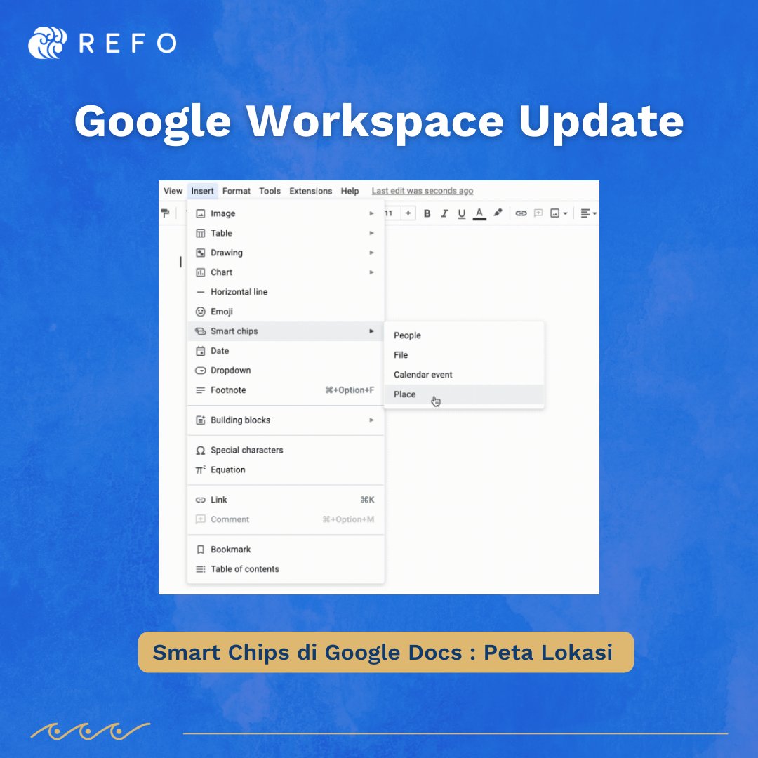 Halo REFOrmers, ada yang baru lagi di #GoogleWorkspace nih!

✨ Update : Smart Chips di #GoogleDocs (Peta Lokasi)
🚀 Rollout : Mulai 8 September 2022
✅ Edisi : Fundamentals, Teaching and Learning, Education Plus

Sudah cobain fiturnya belum nih?

#KabarGoogle #BersamaREFO