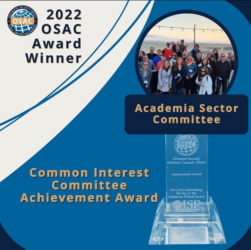 OSACstate's tweet photo. Congratulations to the Academia Sector Committee (ASC), winner of the Common Interest Committee Achievement Award at the 2022 @ISF_OSAC Annual Dinner!
#OSACweek2022
#OSACannualbriefing https://t.co/F6IRP1pGZx
