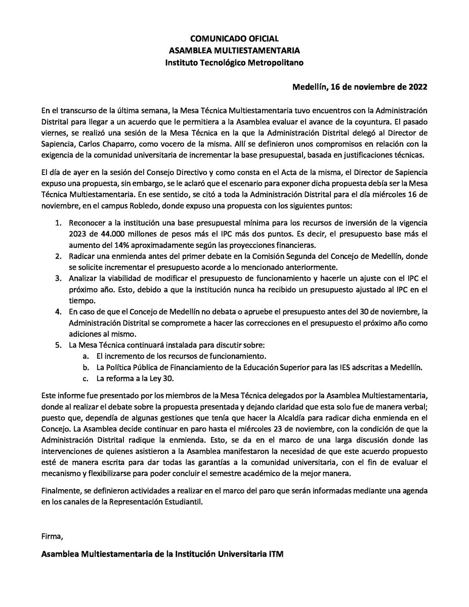 bransgmora's tweet photo. Luego de que le presentáramos el informe a la Asamblea sobre la propuesta de la Administración Distrital, se decide continuar en paro hasta el miércoles 23 de noviembre.

Acá el comunicado 👇 https://t.co/Q7UtCwQBdq