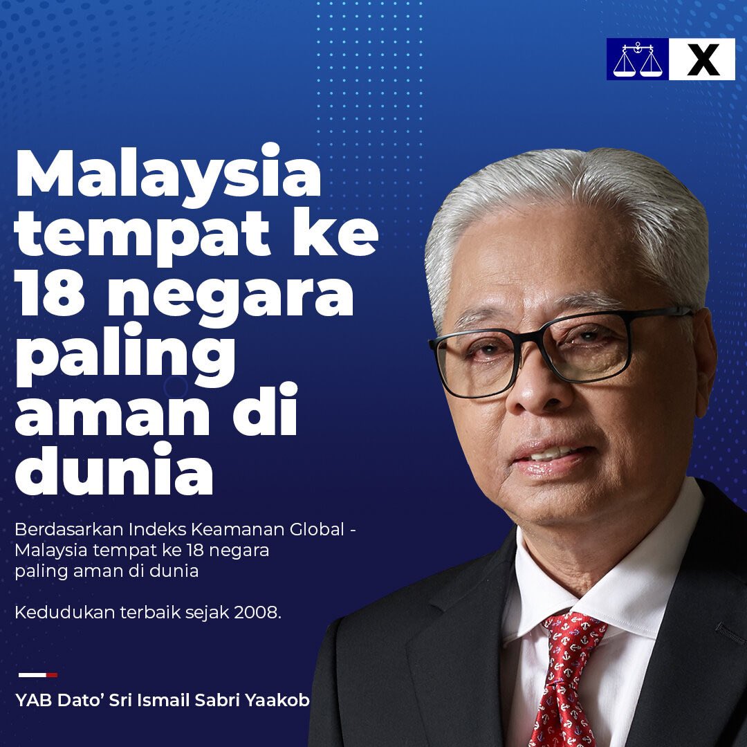 Semasa pentadbiran saya, Malaysia tersenarai dalam kedudukan ke-18 negara paling aman di dunia berdasarkan Indeks Keamanan Global (GPI) 2022 yang menjadi ukuran utama kedamaian global di dunia.