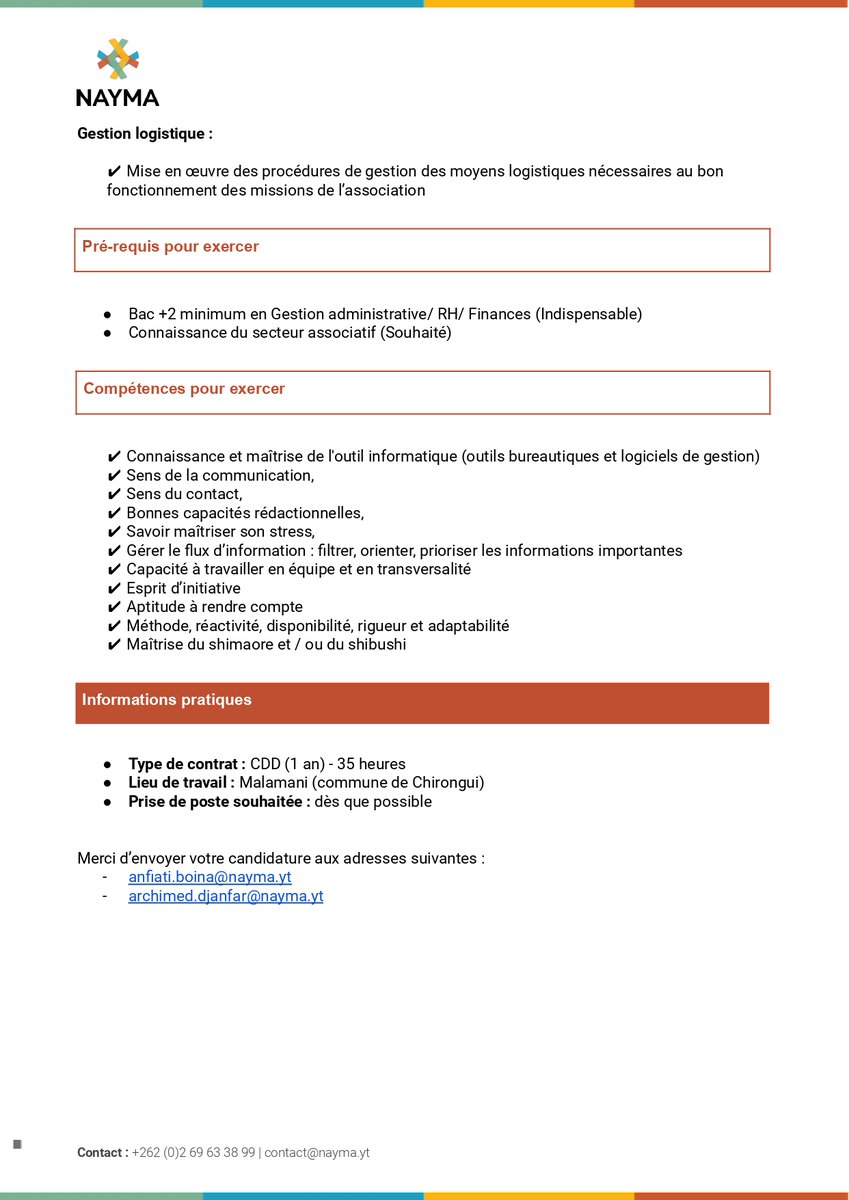 💥 NAYMA recrute à #Mayotte ! 
Vous avez une formation en #gestionadministrative, #RH ou #finances? 
📧 Envoyez votre candidature aux 2 adresses suivantes : anfiati.boina@nayma.yt et archimed.djanfar@nayma.yt
#JobAlert #EmploiMayotte #Recrutement