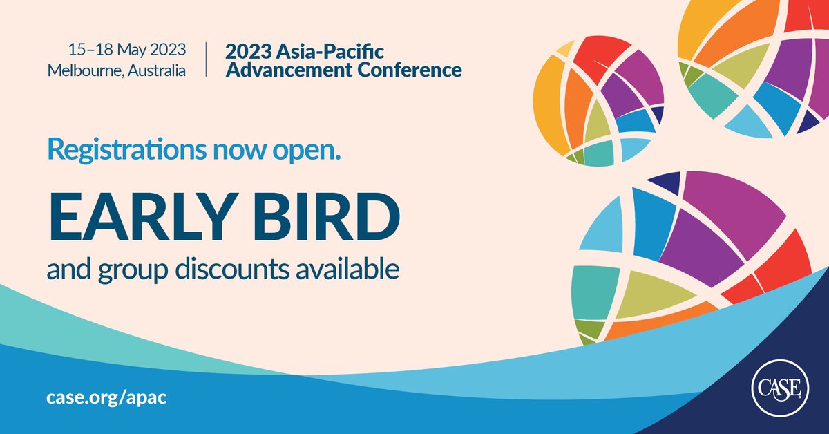 case_asia_pac's tweet photo. The 2023 CASE Asia-Pacific Advancement Conference #CASEAPAC is back to an in-person format! Catch the early bird pricing today and see you in Melbourne from 15-18 May 2023!
@jimmybuck @CASEAdvance @CASE_Europe https://t.co/3TGlVgUKwN