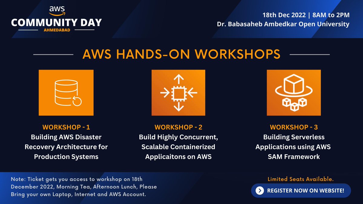 awsugahm's tweet photo. 🚀 Tickets are live for the Workshop on Website!
Grab your seats now! Open for limited seats only.. ⚡
👉 https://t.co/topFXPZTYh
#aws #community #communityday #awsugahmedabad #acdahmedabad #acdahm2022 #awscommunitydays #awscommunity #awsusergroup #workshop https://t.co/soESeCL8Tv