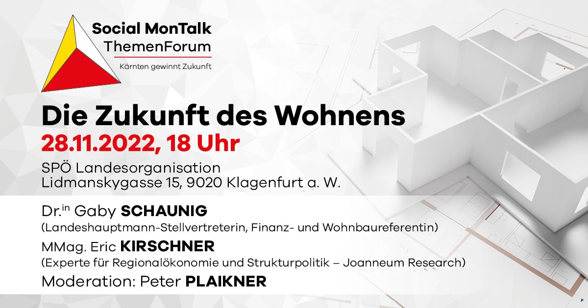 Wohnen ist ein zentrales Lebensthema. In Zeiten multipler Krisen, Teuerung &amp; steigender Ungleichheit wollen wir beim letzten #SocialMonTalk des Jahres darüber diskutieren, wie die Zukunft des Wohnens aussehen könnte und aussehen sollte.