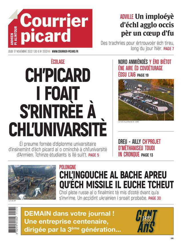 Bekouz's tweet photo. Le @CourrierPicard célèbre l'entrée du picard à l'université d'Amiens avec une "une"... toute en picard.🤩J'ai presque tout compris https://t.co/knXhz0qk6F