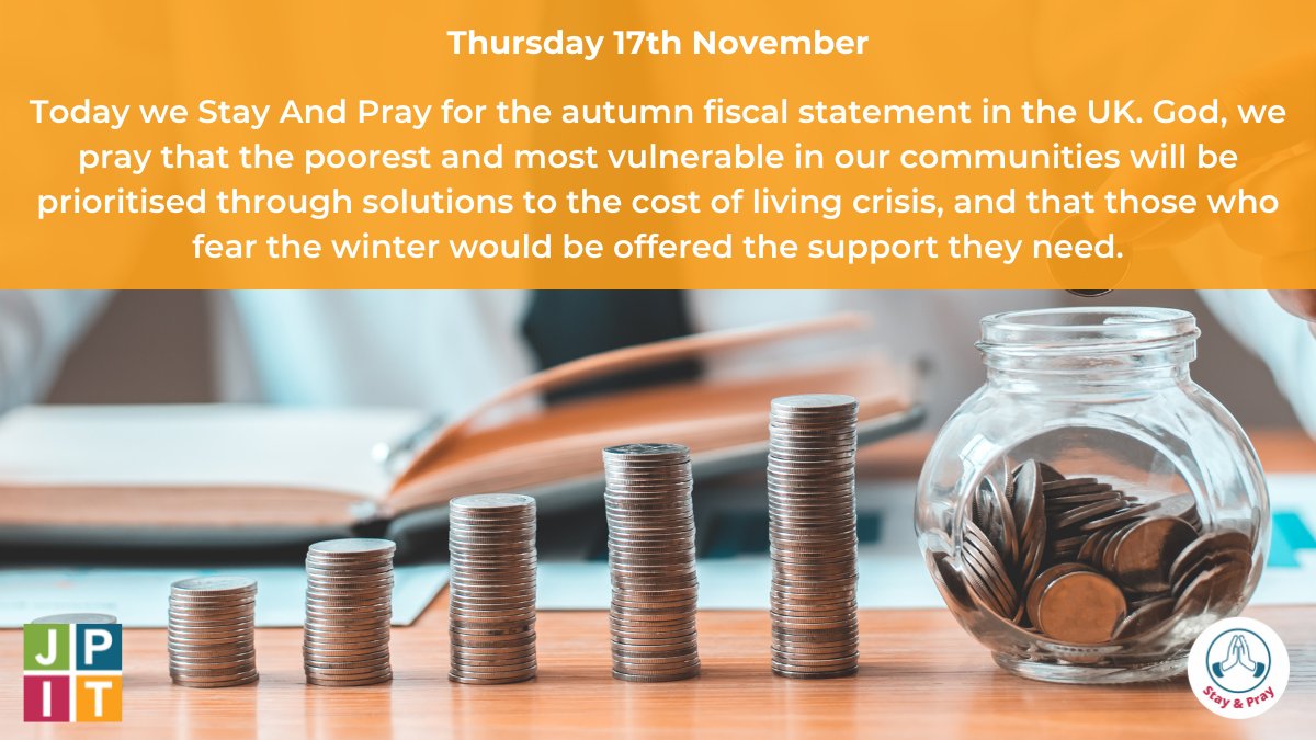 PublicIssues's tweet image. Today we #StayAndPray for the autumn fiscal statement in the UK. God, we pray that the poorest and most vulnerable in our communities will be prioritised through solutions to the cost of living crisis, and that those who fear the winter would be offered the support they need.