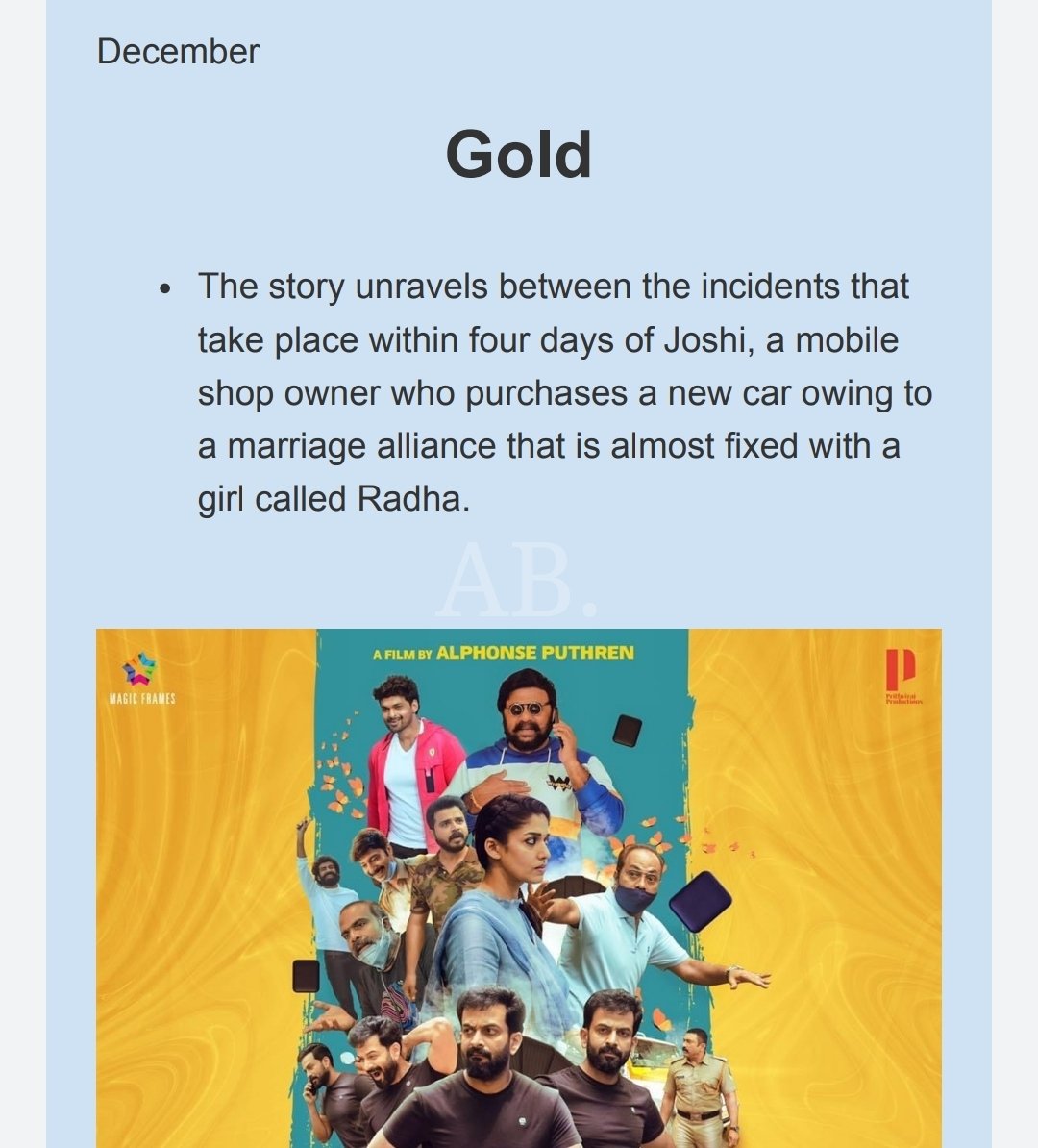 AbGeorge_'s tweet photo. #UFO updated #Gold as a December release in their updated new releases list 👏

#PrithvirajSukumaran #AlphonsePuthren https://t.co/1zK11jj1Nl
