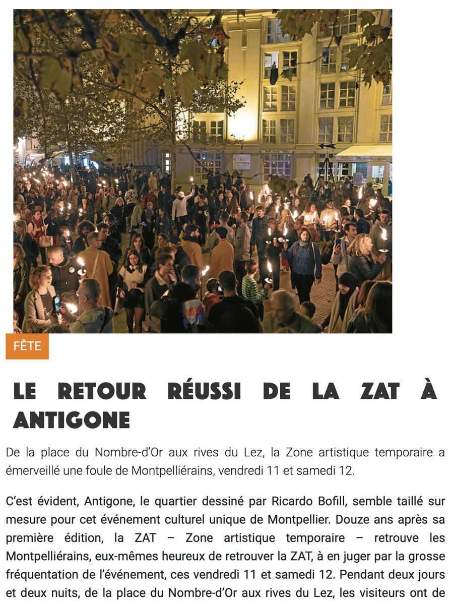 "Douze ans après sa première édition, la ZAT – Zone artistique temporaire – retrouve les Montpelliérains, eux-mêmes heureux de retrouver la ZAT, à en juger par la grosse fréquentation de l’événement." La Gazette de Montpellier