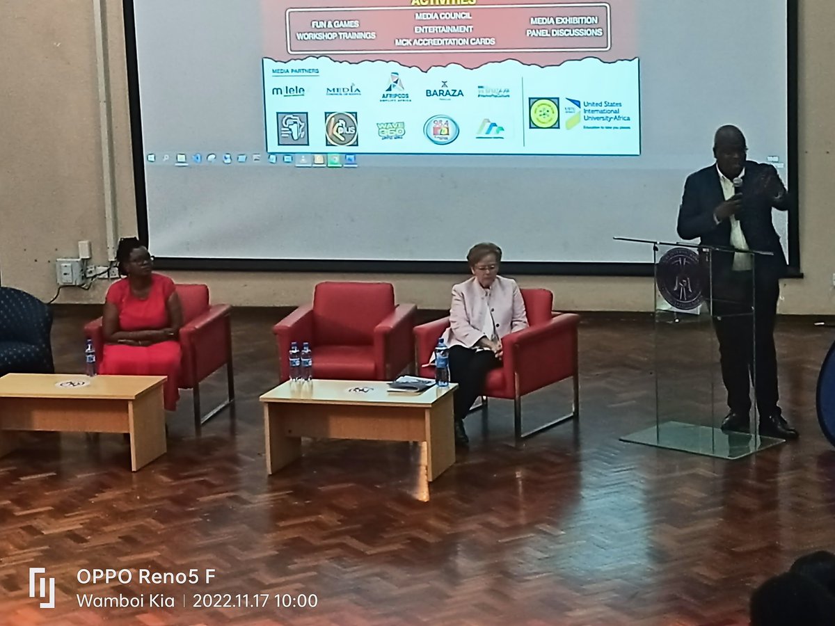 Media day <a href="/ExperienceUSIU/">USIU-Africa</a> ongoing session.. on stage USIU-A VC Prof. Ensign, Chair Media &amp; Communications Dr. Njoroge, <a href="/MediaCouncilK/">Media Council of Kenya</a> Media Council Chairman Mr. Muiruri #mediadayusiu #usiujournalismclub