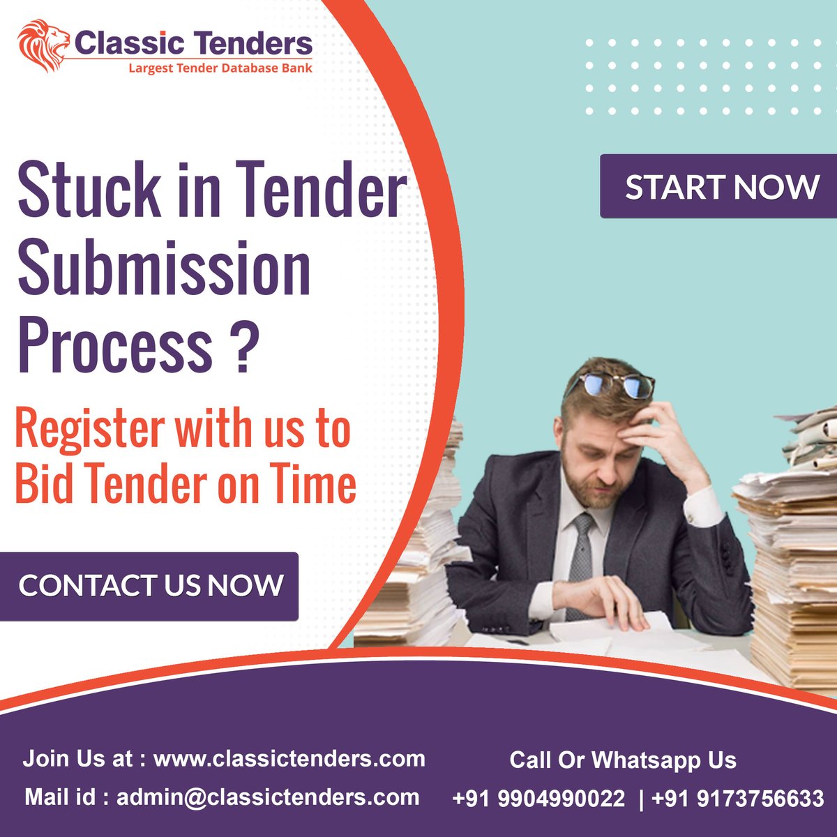Stuck in Tender Submission ?
Register with us to Bid Tender on Time.
We provide start to end Tender Bidding Services.

Contact : +91 91 73756633, +91 9904990022
Visit : classictenders.com

#classictender #tendersubmission #tenderbidding #tender #tenderservices #ahmedabad