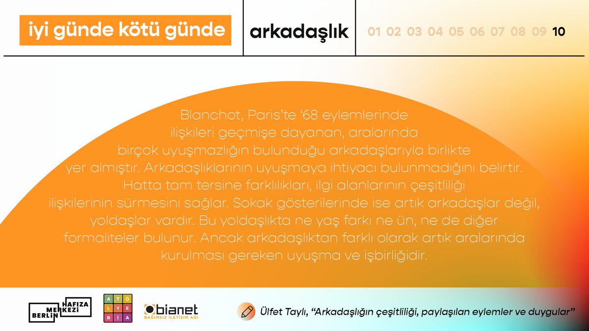 Ülfet Taylı edebi metinlerdeki örneklerden ve hayatın içindeki tanıklıklardan yola çıktığı yazısında arkadaşlığın sınırlarını ve çeşitliliğini masaya yatırıyor.  
bianet.org/bianet/yasam/2…
