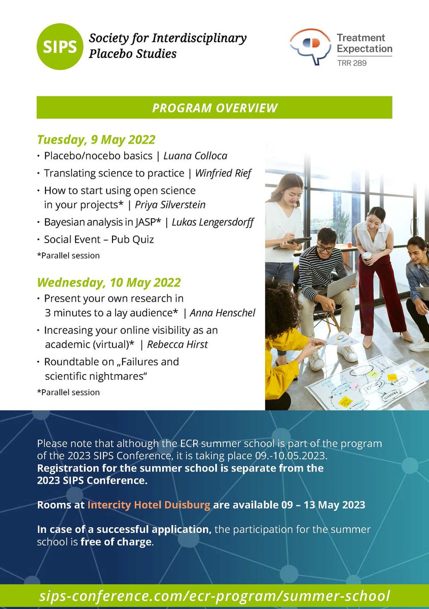 ✨ FREE SUMMER SCHOOL ✨ 

Attention, calling all ECRs of #placebo research and <a href="/SIPSplacebo/">Society for Interdisciplinary Placebo Studies</a> goers!

We invite you to our Early Career Researcher (ECR) summer school, happening 9th to 10th of May 2023! Program in the 🧵 below.

Please RT and share widely! 😁 #SIPSplacebo2023