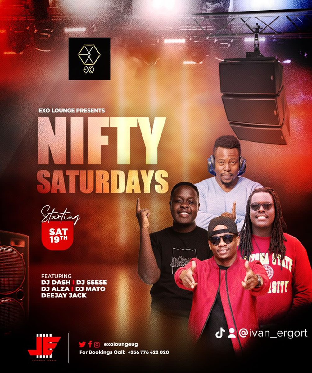 AbookiMaggie's tweet photo. This Saturday we are all headed to #ExoLounge for #NiftySaturdays .Tell your friends to be part of the experience to remember.
For bookings call +256776422020 or dm @Lustrous_events https://t.co/0fNtXG88NE