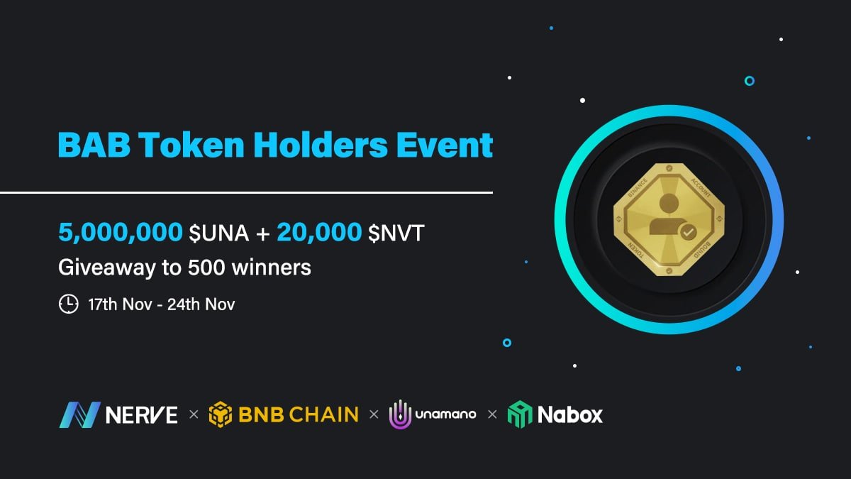 We‘re giving away 5,000,000 $UNA &amp; 20,000 $NVT to 500 BAB token holders, join us by

1⃣Retweet, ❤️, TAG 3
2⃣Follow <a href="/nerve_network/">NerveNetwork</a> /<a href="/unamano_io/">Unamano_io</a> /<a href="/naboxwallet/">Nabox</a> 
3⃣Join our groups (Find in the form)
4⃣Submit forms.gle/745HuYWxPM9kHh…

#BSC #Airdrop #Giveaway #NerveNetwork #Unamano