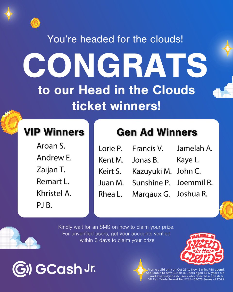 gcashofficial's tweet photo. Eyy, congratulations! You're headed for the clouds! You will be receiving instructions on how to claim your prize via SMS.

For unverified users, kindly get your accounts verified within 3 days to claim your prize. https://t.co/1ZoNCUe6wM