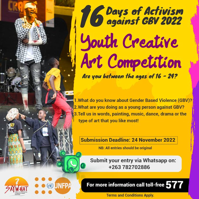 As we approach the #16DaysOfActivism campaign period tell us what you are doing as a young person to #EndGBV in your communities in this exciting competition! @UNFPA_ESARO @UNFPA_SYP @Emuia @abbiemse @kadyrkulova1 @UNZimbabwe @SAYWHATOrg @MusasaProject @FACTzim @StarFMNews