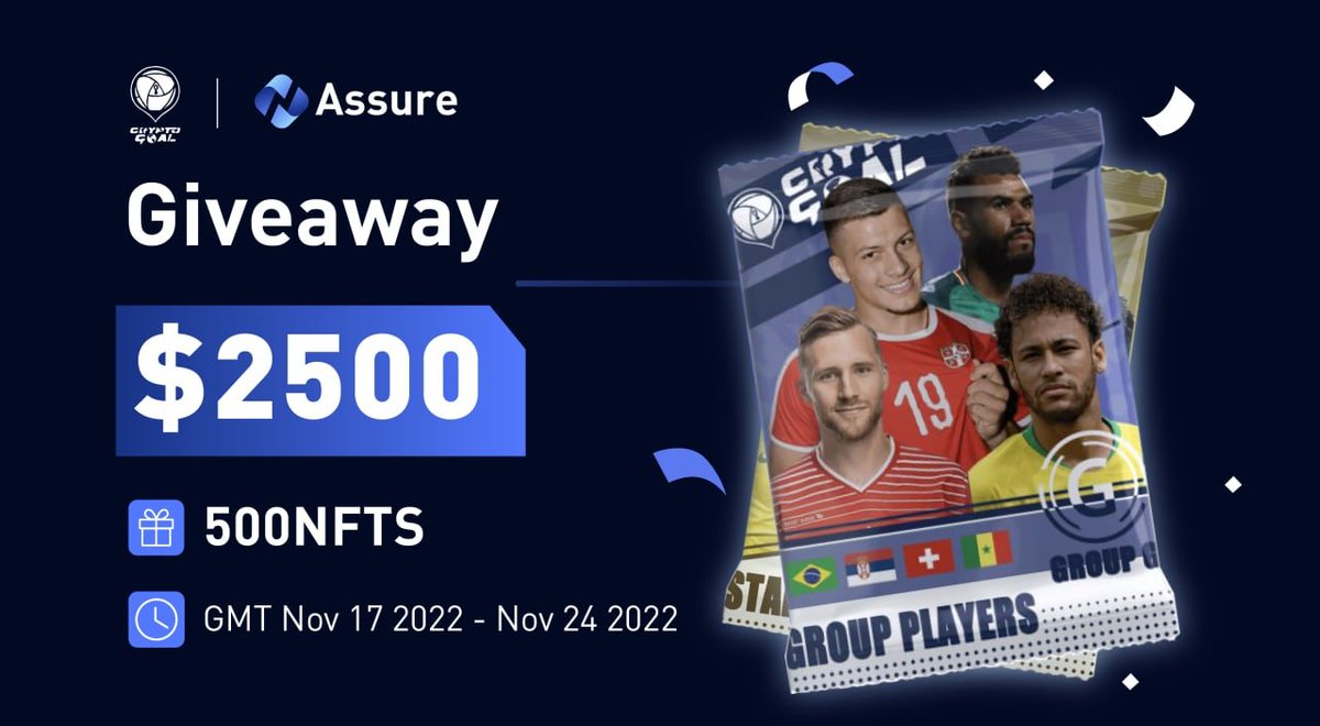 Assure_pro's tweet photo. 🎁#AssureJointAirdrop 
#Assure X @CryptoGoal_Fi  🎁#Airdrop 
 
🔥#Giveaway 2,500 USDT (500 #NFT/500 winners)
⏰Nov 17 - Nov 24, 2022, UTC

💥Join Now
1⃣ Follow: @Assure_pro &amp; @CryptoGoal_Fi
2⃣Fill: https://t.co/WJygXuhyiF
3⃣RT + @ 3

#Web3 #FIFAWorldCup #Crypto https://t.co/JW2VjpPrky