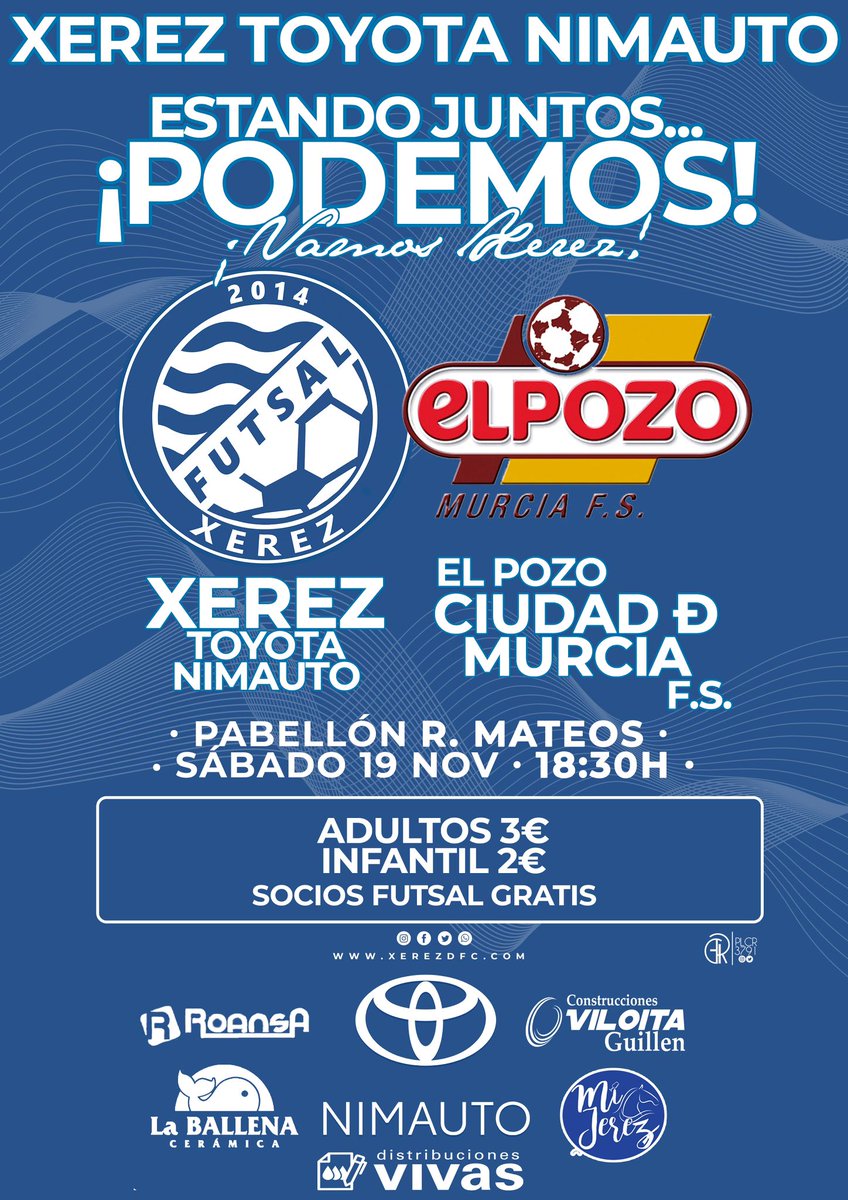🔵 ¡𝗫𝗲𝗿𝗲𝗰𝗶𝘀𝘁𝗮𝘀 𝘁𝗲𝗻𝗲𝗺𝗼𝘀 𝗵𝗼𝗿𝗮𝗿𝗶𝗼 𝗽𝗮𝗿𝗮 𝗹𝗮 𝗱é𝗰𝗶𝗺𝗮 𝗷𝗼𝗿𝗻𝗮𝗱𝗮! ⚪️

¡𝗧𝗲 𝗲𝘀𝗽𝗲𝗿𝗮𝗺𝗼𝘀, 𝗡𝗼 𝗳𝗮𝗹𝘁𝗲𝘀!¡𝗣𝗼𝗱𝗲𝗺𝗼𝘀 𝗰𝗼𝗻 𝘁𝗼𝗱𝗼!

📍  Ruiz-Mateos 
📆  Sábado 19/11
⏰  18:30 h.

🔵⚪️ Xerez Toyota Nimauto 
⚪️🔴 <a href="/ElLegadoElPozo/">El Legado - ElPozo Murcia FS</a>