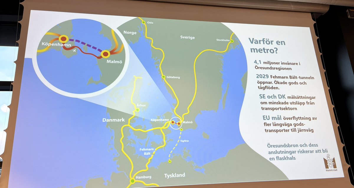 gunnarssonhanna's tweet photo. 2029 öppnar Fehrman-Bält tunneln mellan Danmark och Tyskland (tre timmar mellan Malmö och Hamburg), då måste vi även utöka kapaciteten över Öresund. Öresundsbron är redan nu ganska full. Skåne föreslår att en ny förbindelse byggs en tunnelbana under sundet. #öresundsmetro https://t.co/3QzfVnttdO