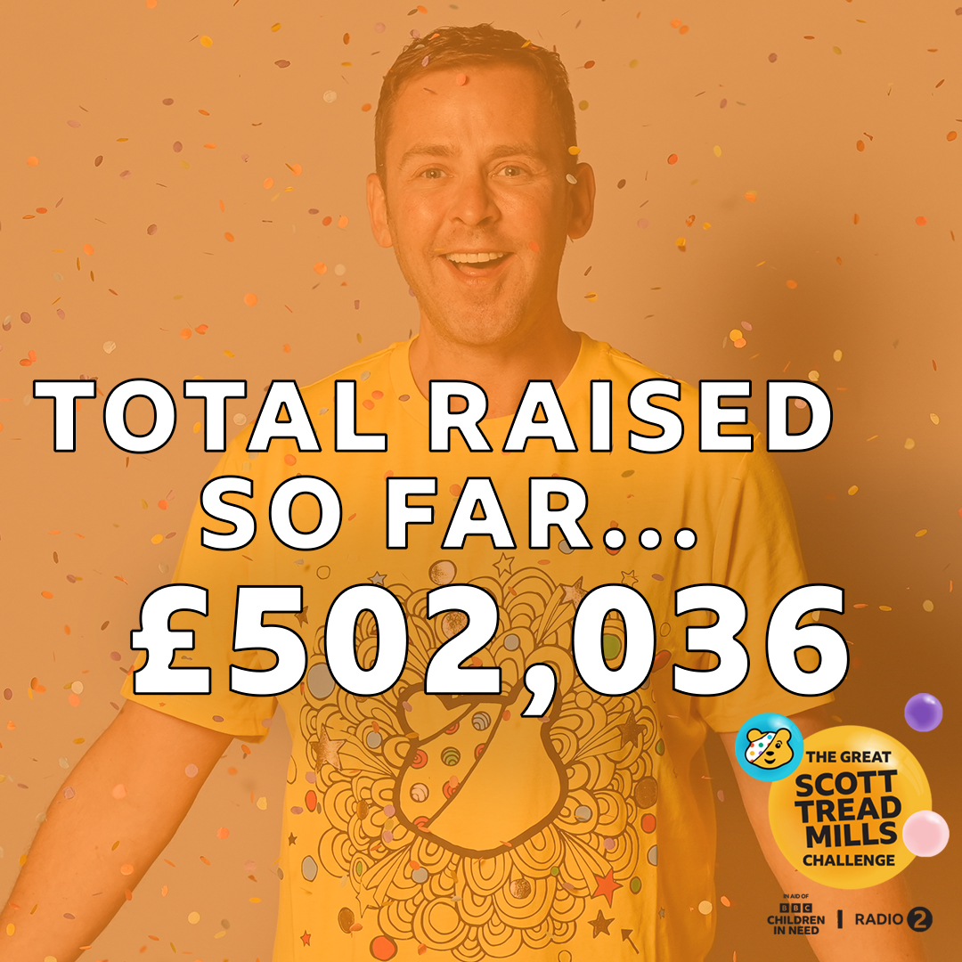 Half a Scott Milli! 🎉

With one hour to go in the Great #ScottTreadMills Challenge, you wonderful lot have raised £502,036 for <a href="/BBCCiN/">BBC Children in Need</a> 🧡 🎉

📺 Watch on <a href="/BBCiPlayer/">BBC iPlayer</a> 
📻Listen on <a href="/BBCSounds/">BBC Sounds</a>