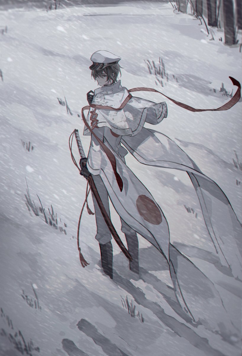 1boy snow male focus weapon hat solo sword  illustration images