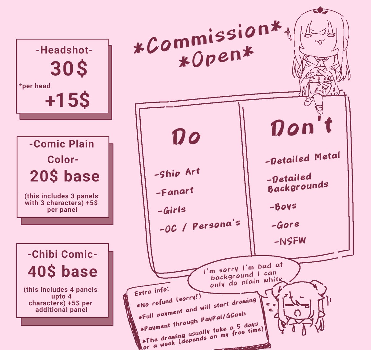 Hello everyone, I'm opening a commission for anyone interested, just dm me :3 will open 4 slots (⁰▿⁰)✨
(Reposting // I'm sorry there was a bit confusing on the first  coms sheet 。:゜(;'∩`;)゜:。) 
