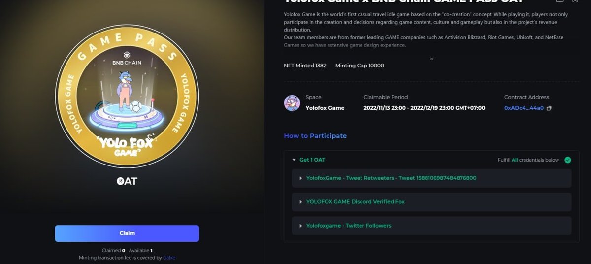 genesiszerohub's tweet photo. Airdrop - Yolofox Game x BNB Chain
๐ Prize: Get 01 Galxe OAT| Winners: 10.000 FCFS
๐Register link ๐๐ป https://t.co/E64q8u9C2d
- Follow twitter, retweet
- Join Discord, verify to get Role
#GenesisZero https://t.co/J0RFDRlHhJ