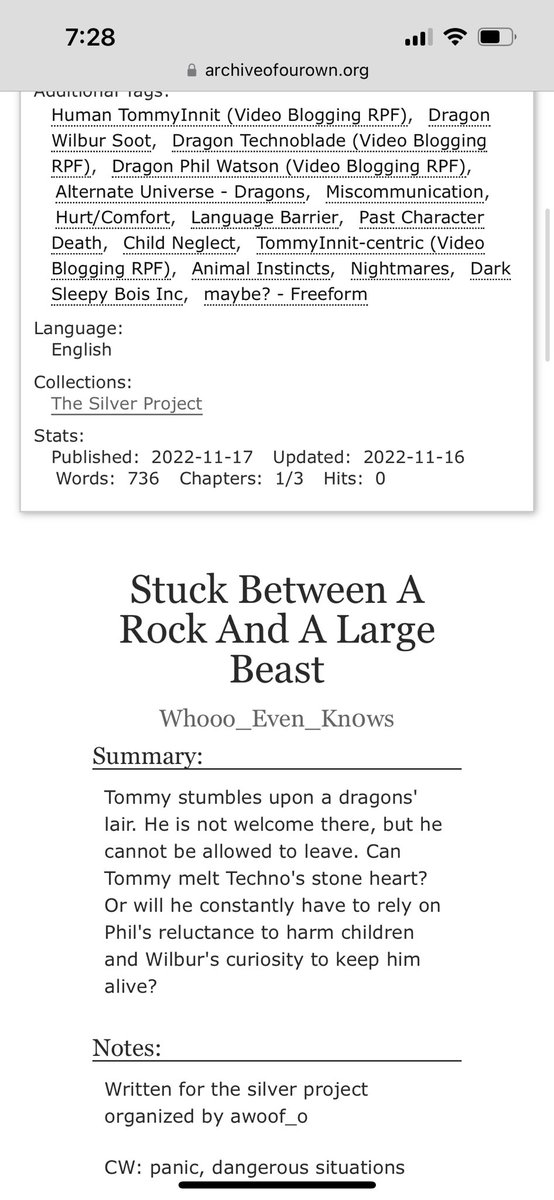 WhoooEvenKnows's tweet image. @silverproject0 Part 1 of 3 of Stuck Between A Rock And A Large Beast archiveofourown.org/works/43122376… A human!Tommy-centric fic with dragon!SBI written for the silver project organized by @awoof_0