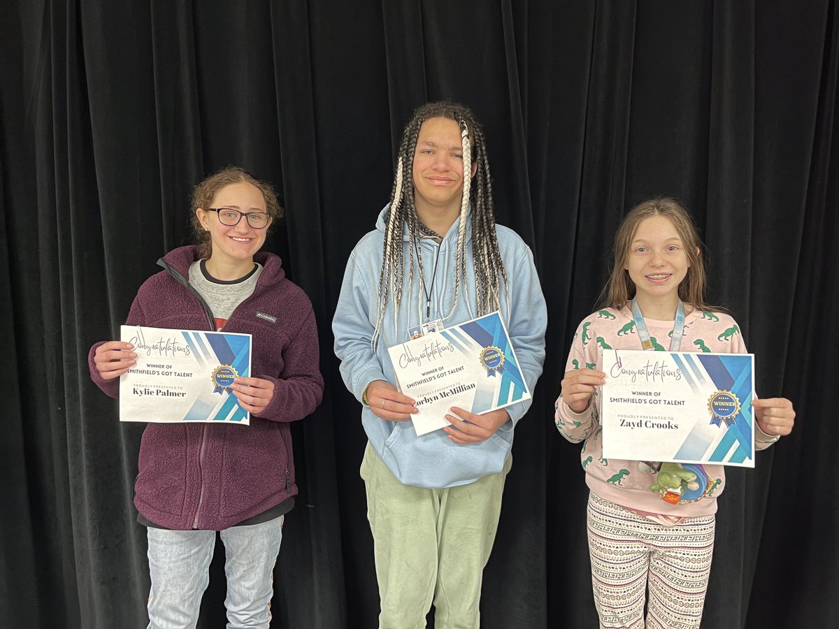 Congratulations to our Winners of the Smithfield’s Got Talent: Kylie-1st Place, Corbyn-2nd Place, and Zayd-3rd Place. We are so proud of these talented and courageous Raiders! #smsraiderpride #bisdshines #wearebirdvilleisd