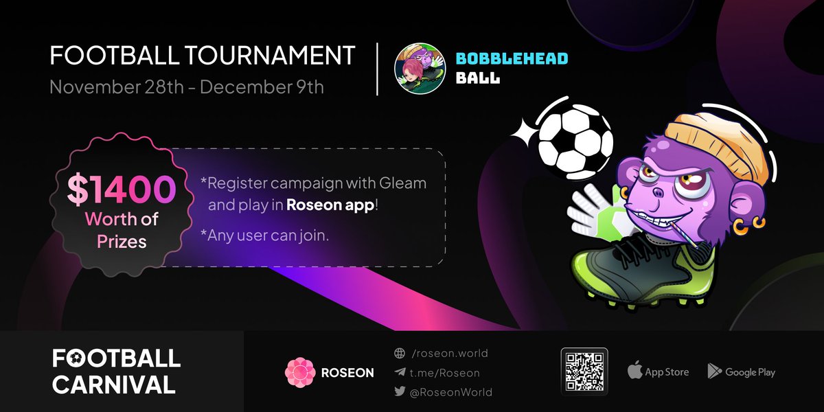 RoseonExchange's tweet photo. Campaign 2: Bobblehead Ball - Football Tournament

How to join:
1. Register Gleam: https://t.co/MuHMYzMFlz 
2. Register account with email 👉Add Profile Nickname 👉 Game Center 👉 Play Bobblehead Ball.

Details: https://t.co/MjJrtqMtJG

#FIFAWorldCup $ROSN #RoseonFootballCarnival https://t.co/WypyKl0pSJ