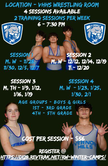WrestlingVh's tweet photo. Time to help spread the word! Starting up a youth wrestling program in Vernon Hills. Looking for 1st - 5th graders who want to try out this great sport. Registration link is on the bottom of the 2nd picture. Let’s get this info out! Please help tag ppl! @VHHSAth #LetsWrestle https://t.co/bxZeXG279W