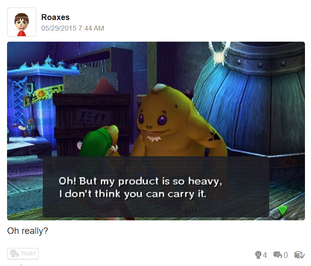 RoaxesChao's tweet photo. Was looking through my old Miiverse stuff and I don't even remember how past Roaxes managed to do this.
#MM3d #majorasmask #link #younglink #zelda #legendofzelda #miiverse https://t.co/wF2SLVbEwf