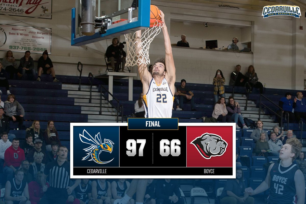 Cedarville Athletics (@cujackets) on Twitter photo MBK Final - <a href="/CedarvilleMBB/">Cedarville Men’s Basketball</a> rolls past Boyce College 97-66 in the Callan Athletic Center. <a href="/BraydenSipple2/">Brayden Sipple</a> career-high 18 pts, 4 ast; <a href="/thomas32kyle/">Kyle Thomas</a> season-high 14 pts; <a href="/WhismanGrant/">Grant Whisman</a> 11 pts, 6 reb; <a href="/jddrees/">jacob drees</a> 11 points, 5 reb. #CUJackets (3-0) at Lewis, Sat., Nov. 19 at 3 PM (EST). MBK Final - <a href="/CedarvilleMBB/">Cedarville Men’s Basketball</a> rolls past Boyce College 97-66 in the Callan Athletic Center. <a href="/BraydenSipple2/">Brayden Sipple</a> career-high 18 pts, 4 ast; <a href="/thomas32kyle/">Kyle Thomas</a> season-high 14 pts; <a href="/WhismanGrant/">Grant Whisman</a> 11 pts, 6 reb; <a href="/jddrees/">jacob drees</a> 11 points, 5 reb. #CUJackets (3-0) at Lewis, Sat., Nov. 19 at 3 PM (EST).
