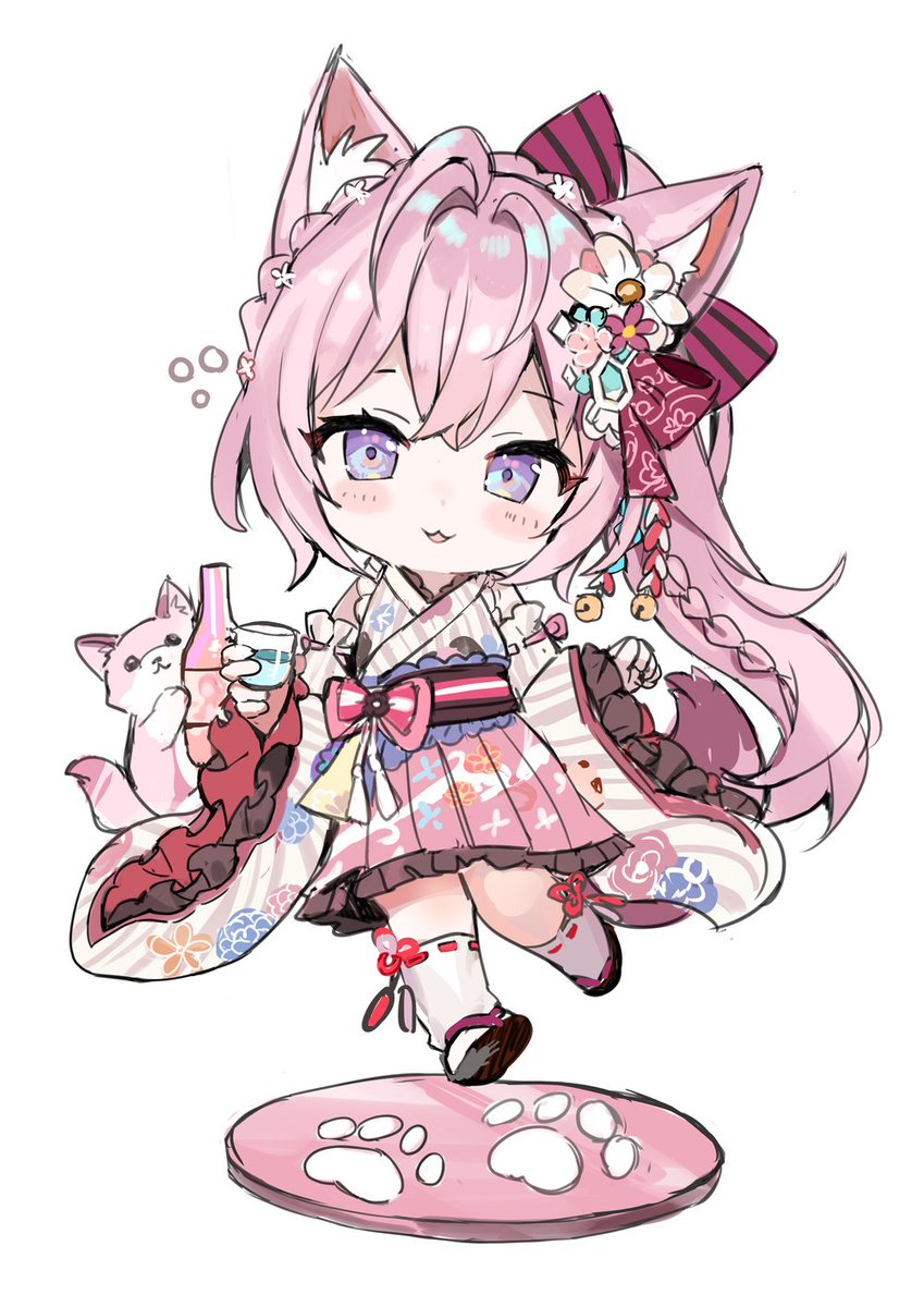 hakui koyori 1girl animal ears pink hair japanese clothes hair ornament chibi wolf ears  illustration images