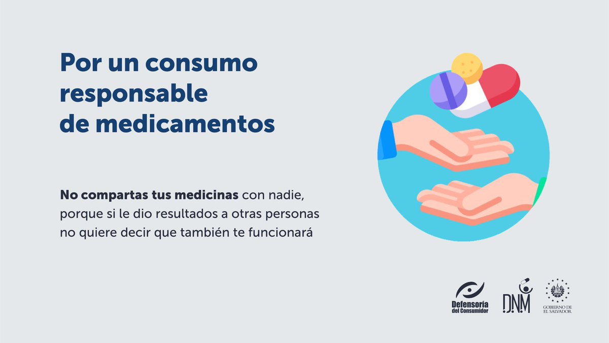 Defensoria_910's tweet photo. ¡Evita compartir tus medicamentos!
Si estás bajo algún tratamiento médico para curar o aliviar una enfermedad, recuerda que las dosis del medicamento es personal. 💊
No permitas que nadie más consuma tus medicinas.
#Consumo_Responsable https://t.co/m4dqc8RLTq