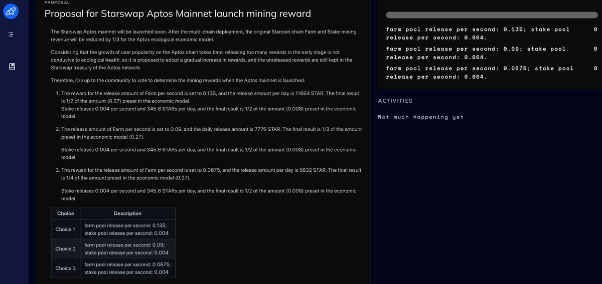 StarswapEN's tweet photo. 📣The Starswap Aptos mainnet will be launched soon.

It is up to the community to vote to determine the mining rewards when the Aptos mainnet is launched.

Voting Start:8 pm Nov 17, 2022 UTC+8
Voting End  :8pm Nov 20, 2022 UTC+8

🔗Voting Link👇
https://t.co/TPv9HE6184 https://t.co/kSFBSnwZ7E