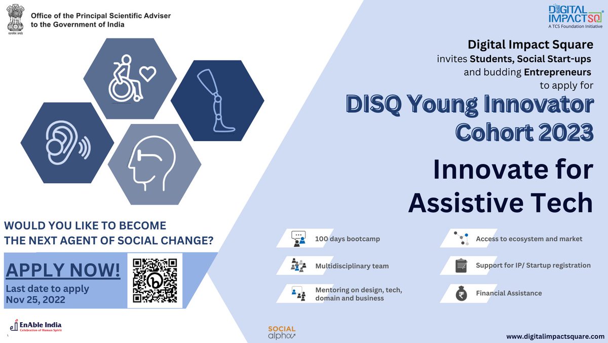 ManthanOPSA's tweet image. Office of Principal Scientific Adviser to the GoI in association with Digital Impact Square is inviting innovative #ideas, #Prototypes, and transformative field-ready technologies in Assistive tech 
Apply Here- bit.ly/3UMPcpa
Last Date- 25 Nov'22