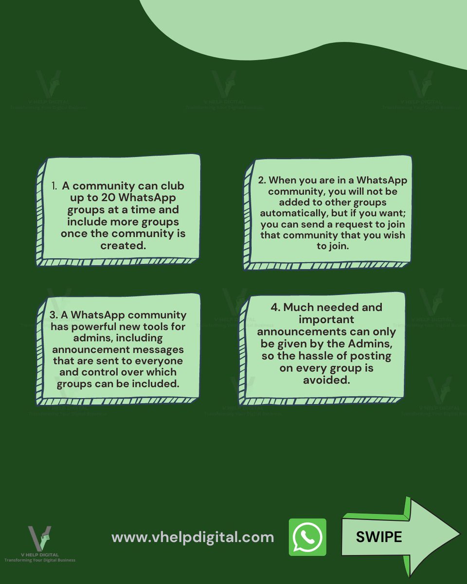 VHelpDigital1's tweet photo. Community building is very essential in every aspect of life and business and every social media platform knows its importance.
Recently WhatsApp has introduced its very own community feature, here is some information that you would like to know about WhatsApp’s community. https://t.co/uhxdep8Cxi