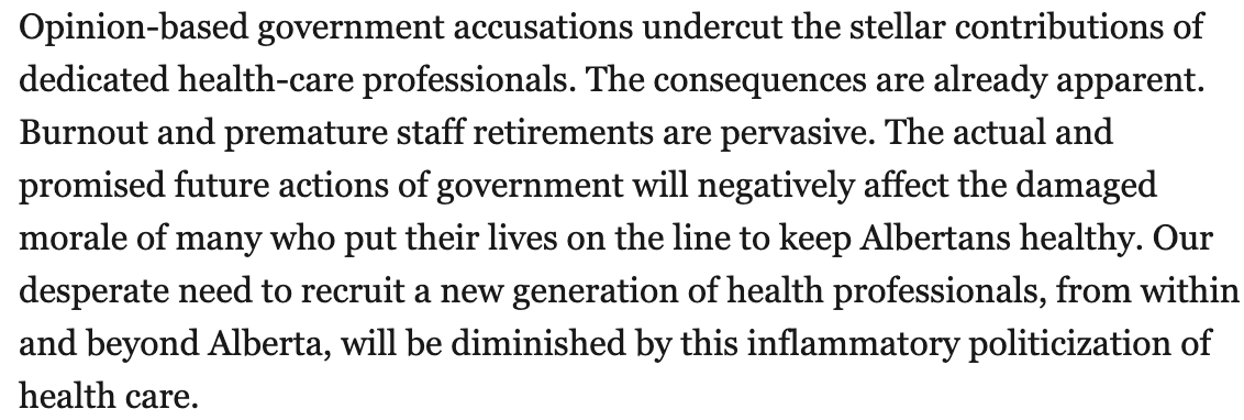 Today from two distinguished Alberta physicians: calgaryherald.com/opinion/column…

This paragraph from the article is worth reading and remembering. The fallout for healthcare in Alberta will last a generation.