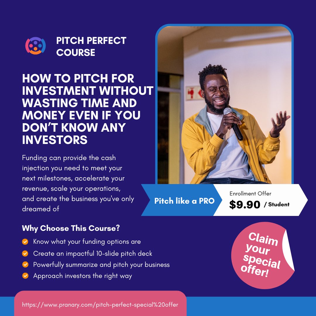 YOU CAN STILL CLAIM YOUR SPECIAL OFFER!

Master the art of pitching like a pro, and approaching potential investors with EASE. 

Enrol for our PITCH PERFECT course and drown out the stress of perfecting how to best summarize your business!

Enroll here: pranary.com/pitch-perfect-…