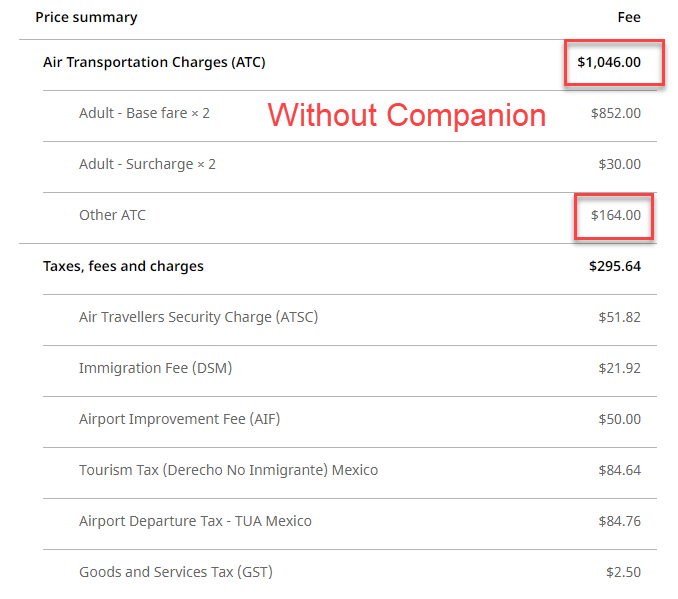 VoloBro's tweet photo. When you try to use your companion voucher with @WestJet but its actually cheaper not to. What's with these "Other ATC Charges"? The World Elite Mastercard used to be one of the best travel cards. Now it costs more to use its "Perks". Time to cancel. #westjet #morelike #scamjet https://t.co/aIXTlpw0z6