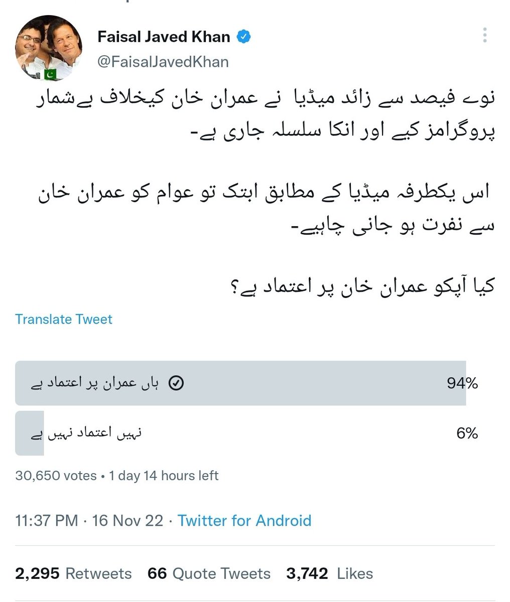 AtherWaseem's tweet photo. @FaisalJavedKhan
ہا ہا ہا۔ ابتک 30,650 ووٹ دئیے ہیں اور 94% لوگوں نے خان صاحب کے حق میں ووٹ دئیے ہیں۔ کہاں گیا مریم میڈیا سیل کے بوٹ چاٹ بغل بچوں کی پوری فوج کا دن میں بیسیوں ٹویٹس کا اثر؟
تم سے نا ہو پائے گا۔ https://t.co/mdCN8s9jo1